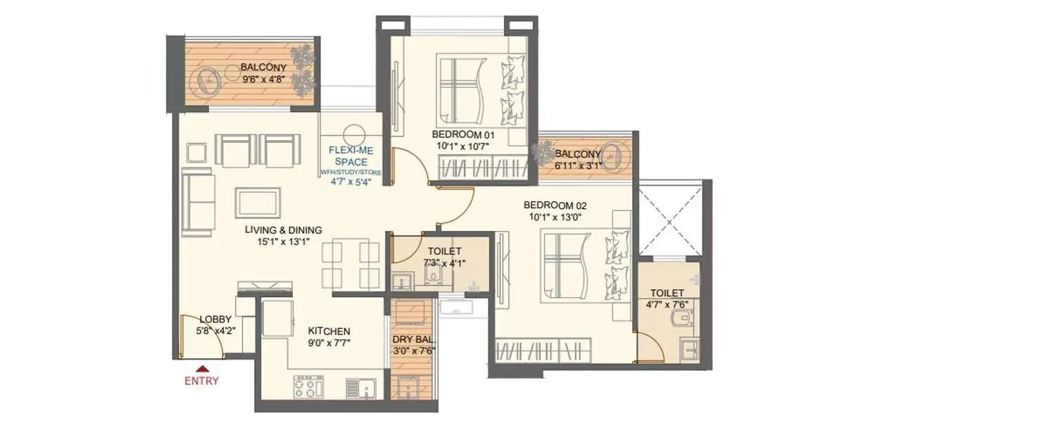 Floor plan for 2 BHK