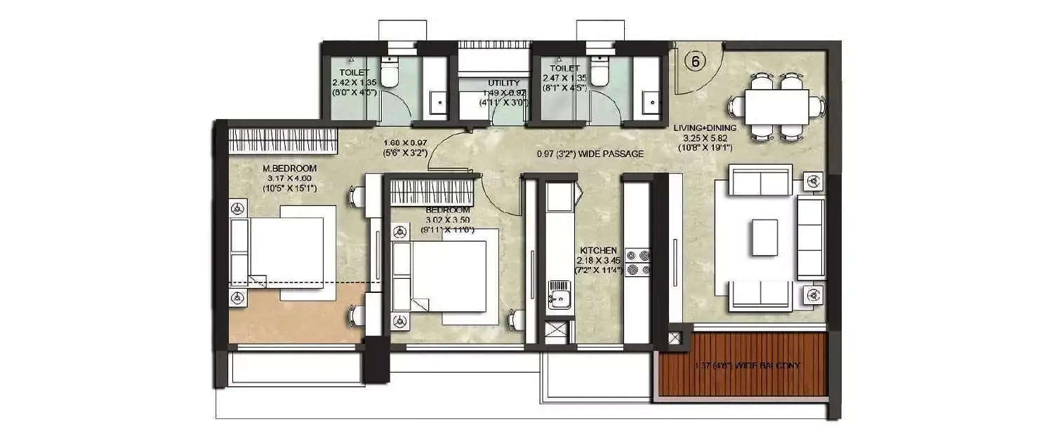Floor plan for 2 BHK