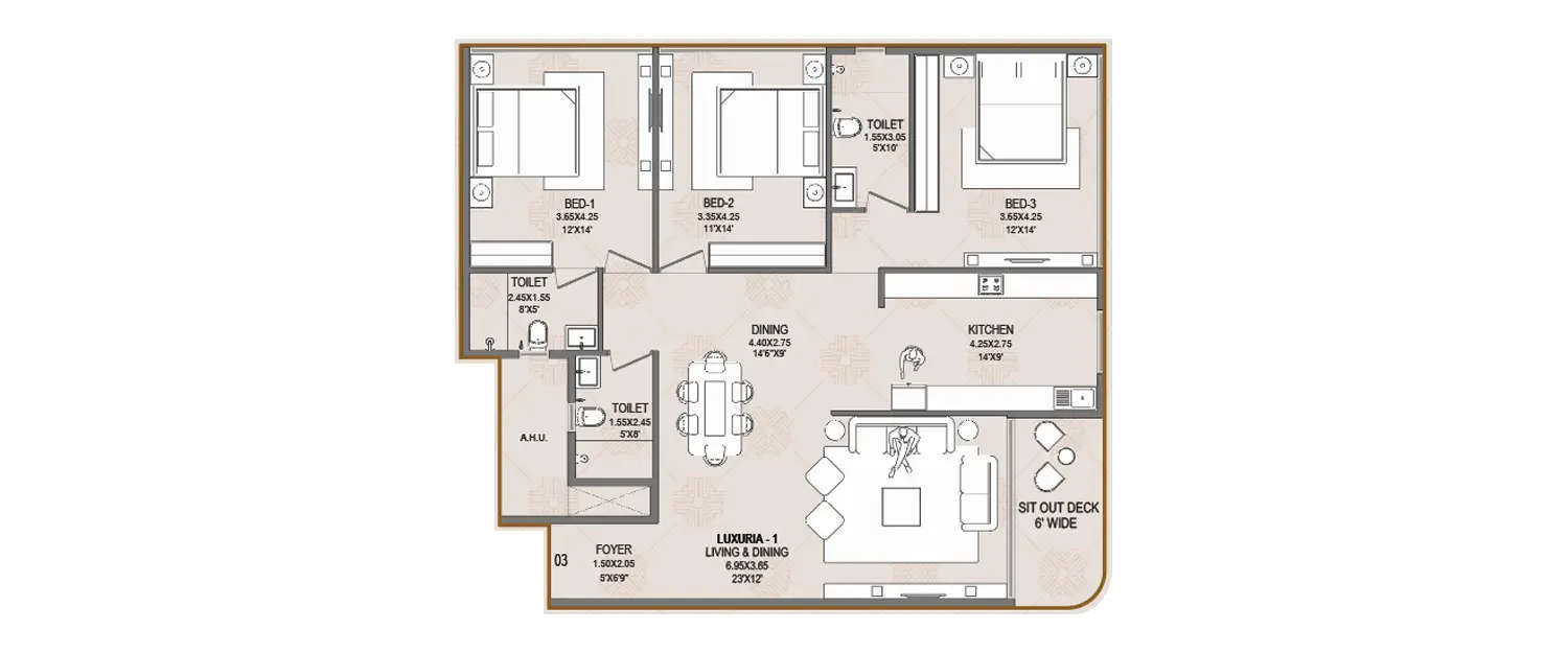 Floor plan for 3 BHK