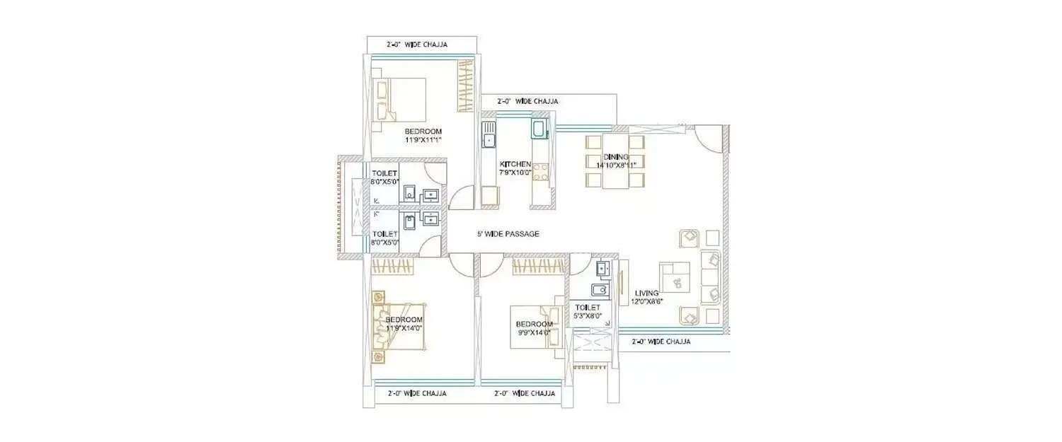 Floor plan for 3 BHK