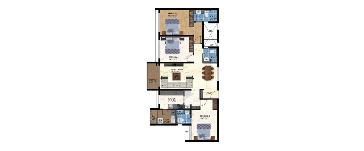 Floor plan for 3 BHK