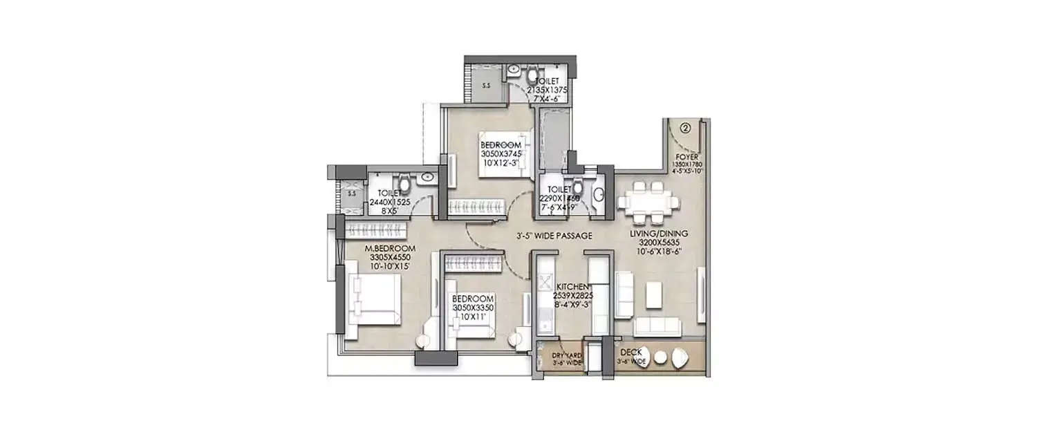 Floor plan for 3 BHK