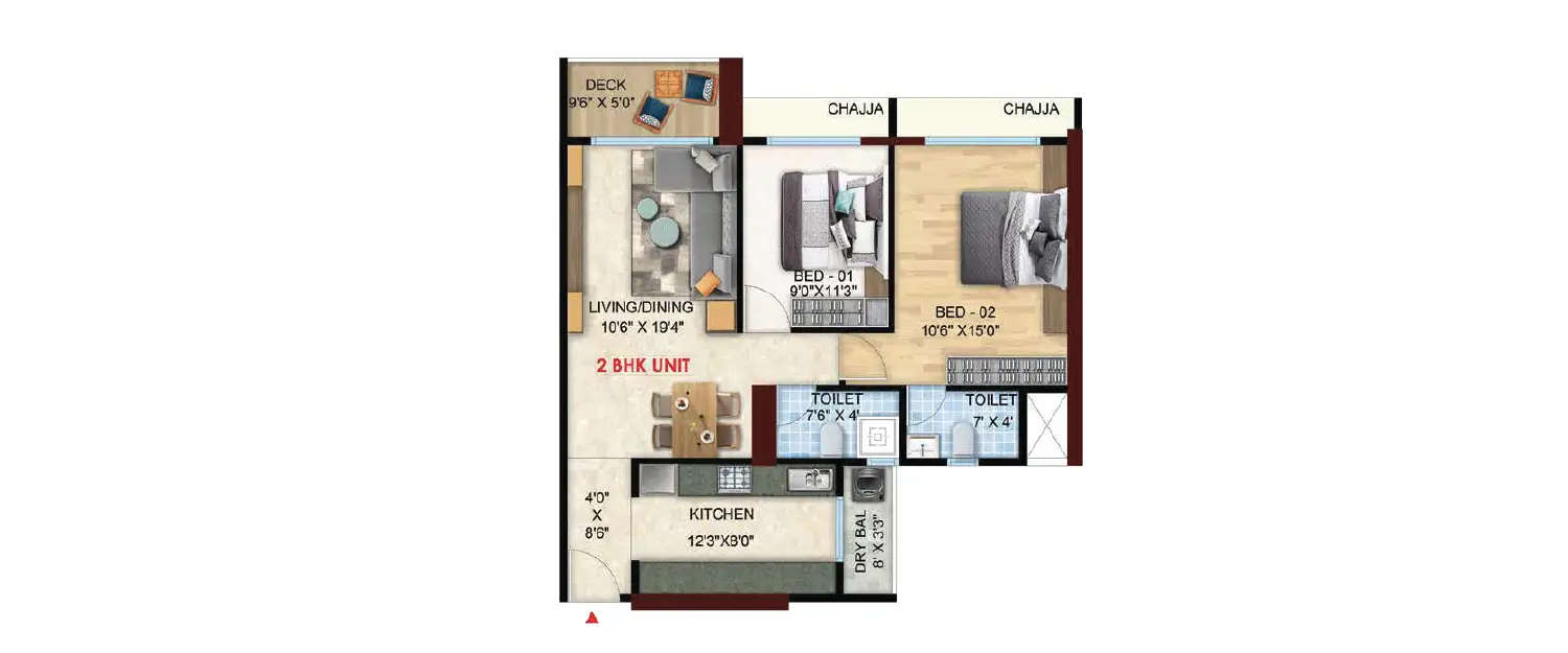 Floor plan for 2 BHK