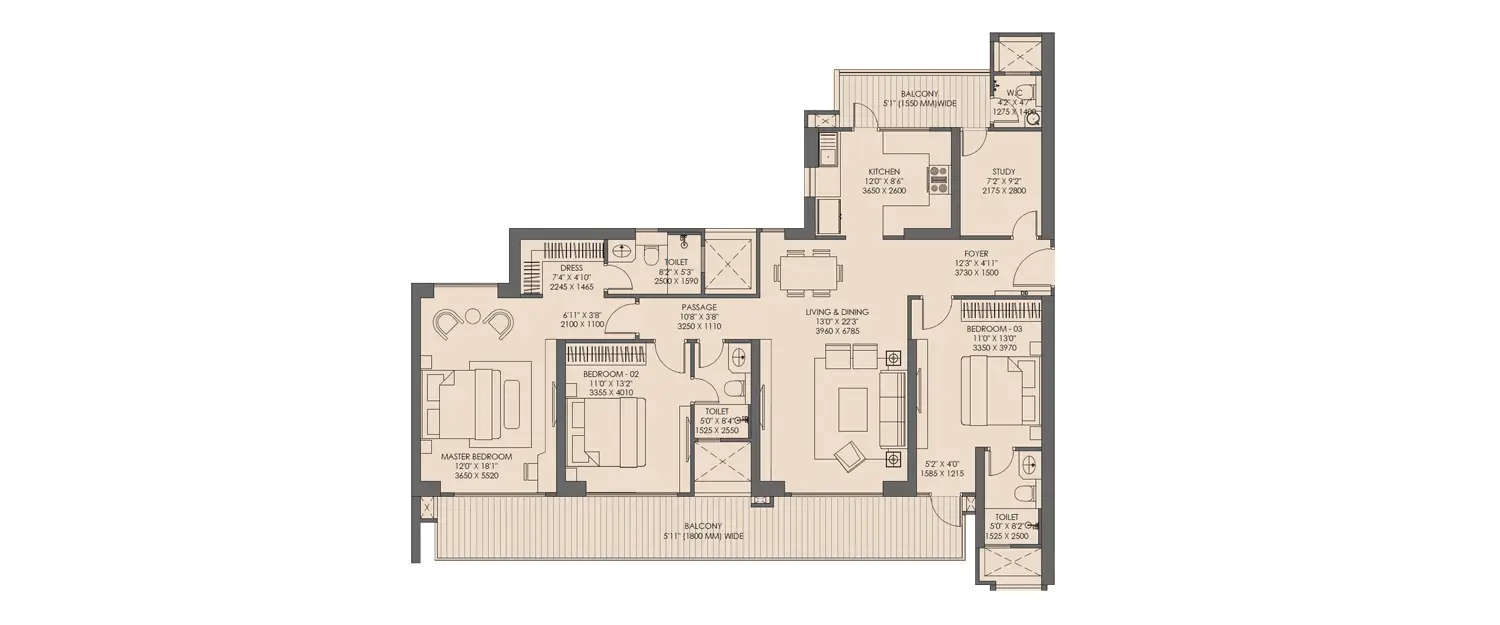 Floor plan for 3 BHK