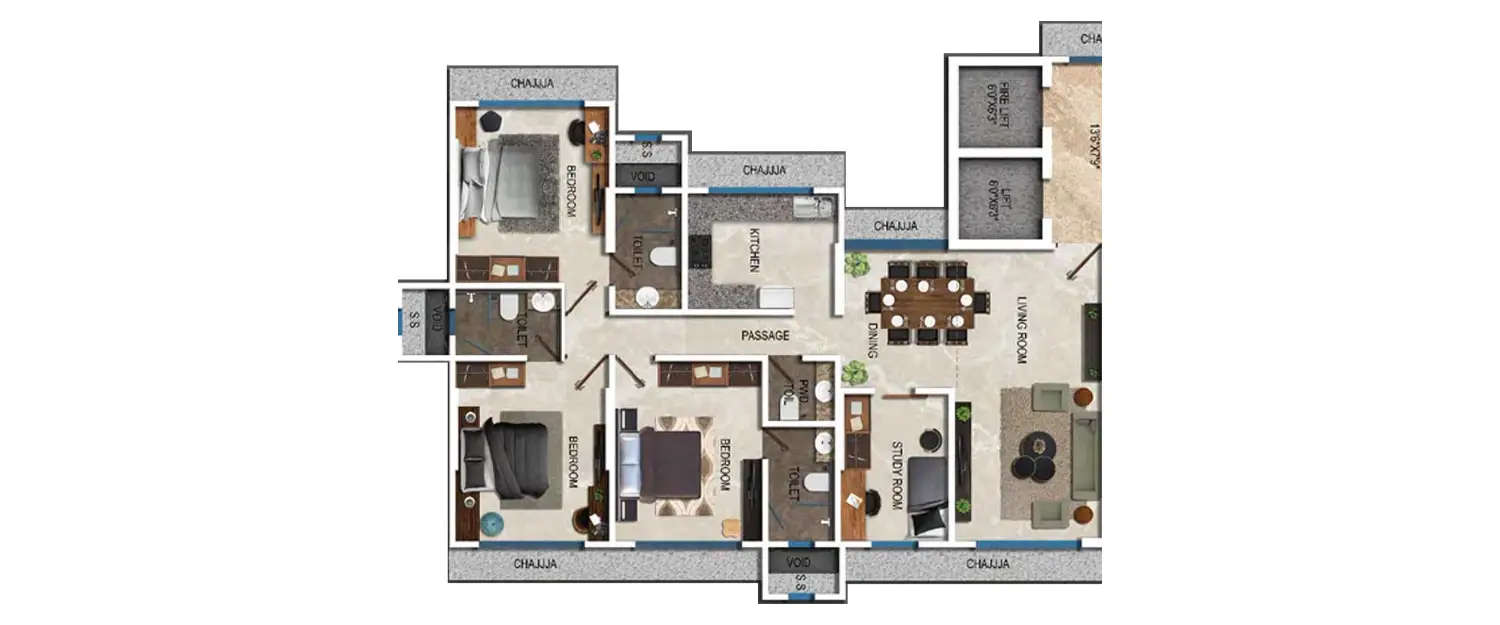 Floor plan for 3 BHK