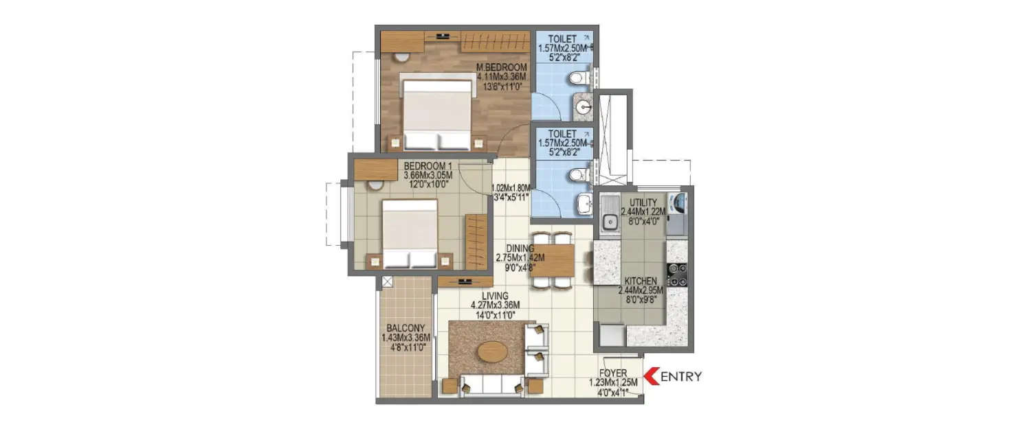 Floor plan for 2 BHK