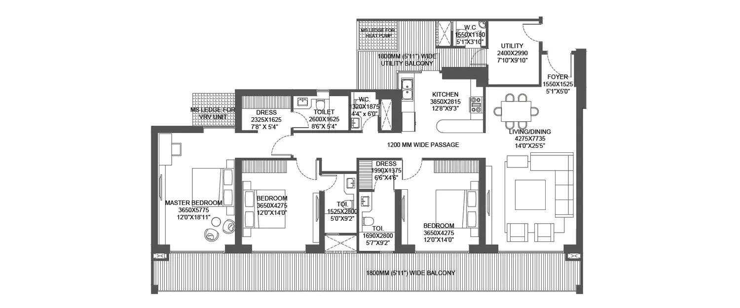Floor plan for 3 BHK