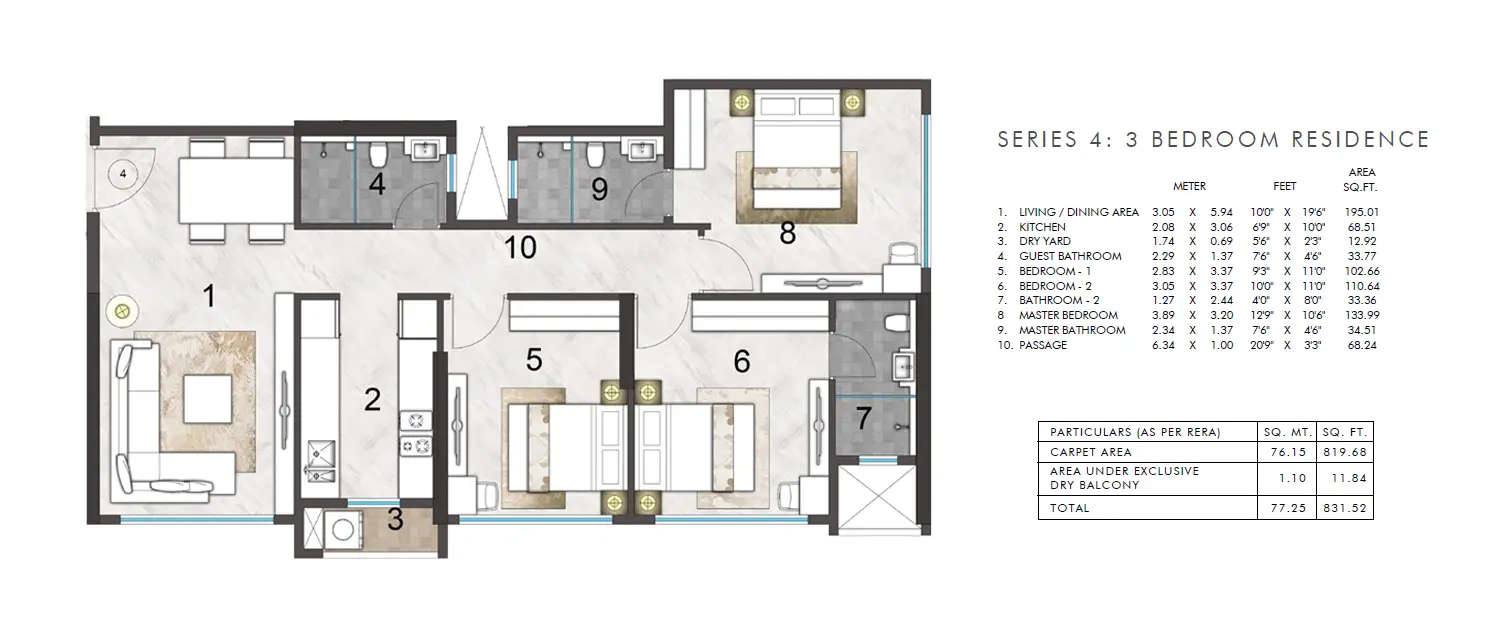 Floor plan for 3 BHK