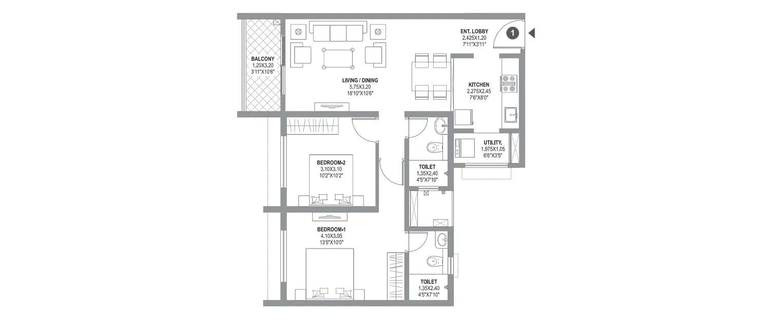 Floor plan for 2 BHK