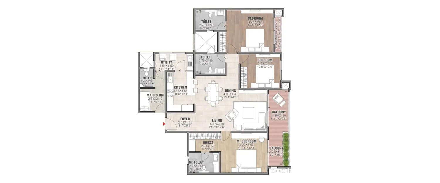 Floor plan for 3 BHK