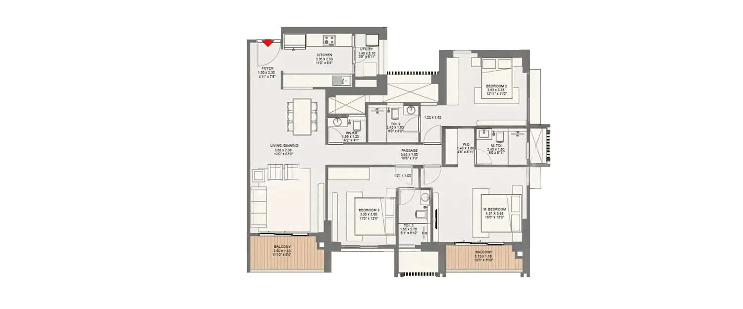 Floor plan for 3 BHK