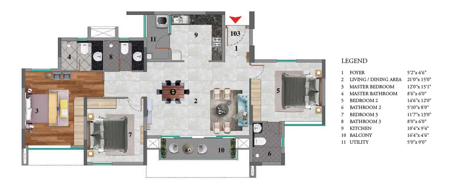 Floor plan for 3 BHK