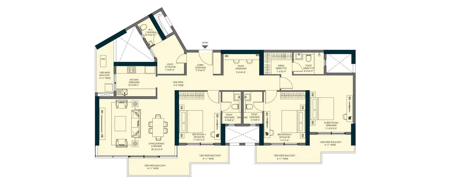 Floor plan for 3 BHK