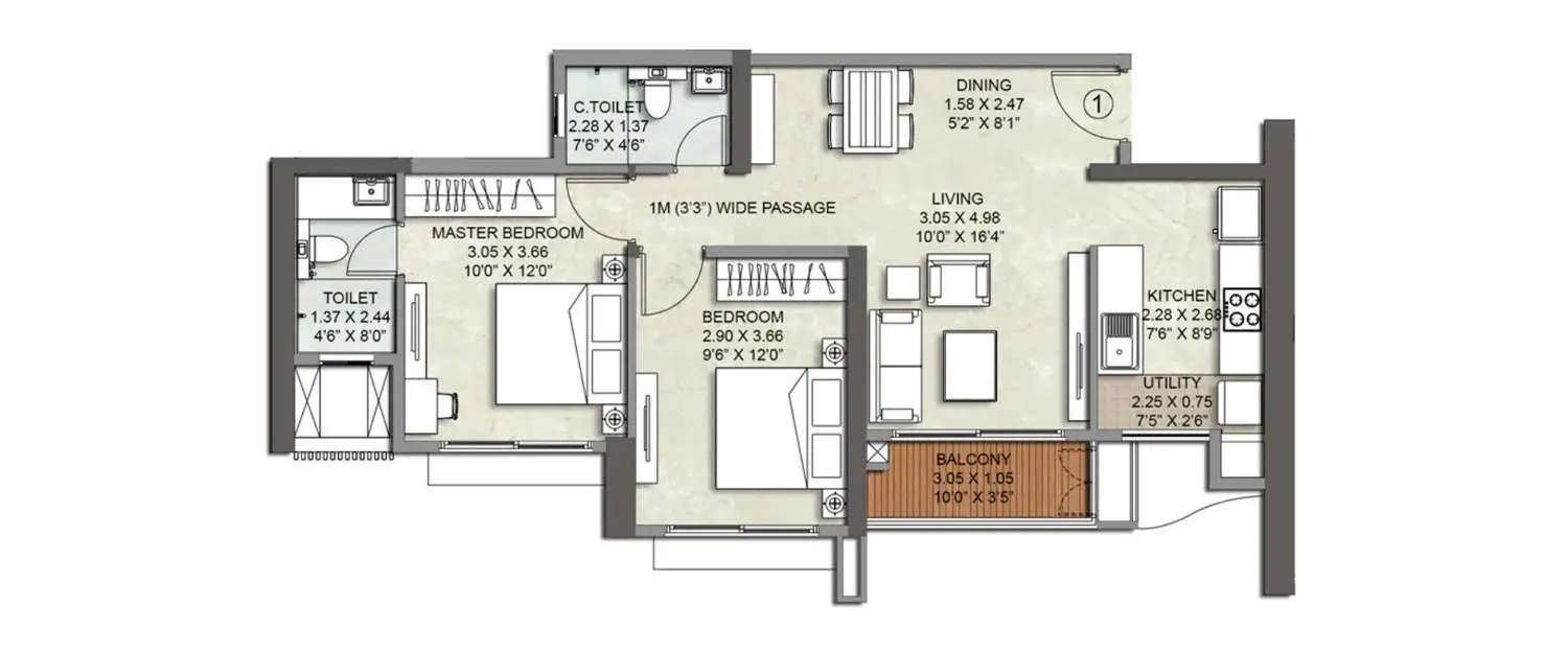 Floor plan for 2 BHK