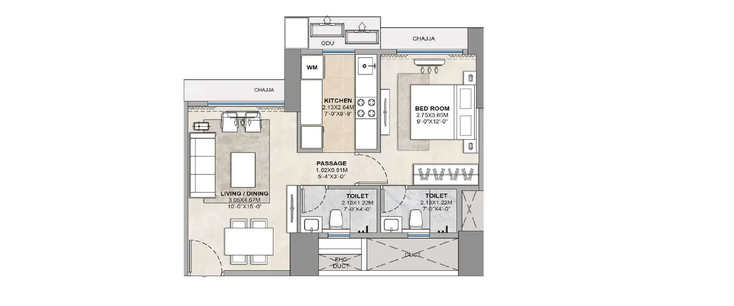 Floor plan for 1 BHK