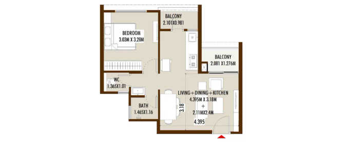 Kolte Patil Life Republic Universel Hinjewadi - Floor plan 1 BHK 394 Sq.ft