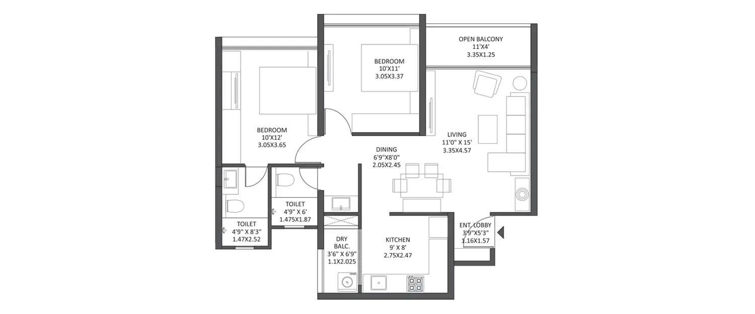 Floor plan for 2 BHK