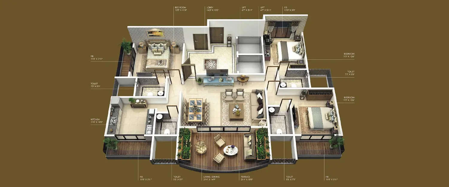 Floor plan for 3 BHK