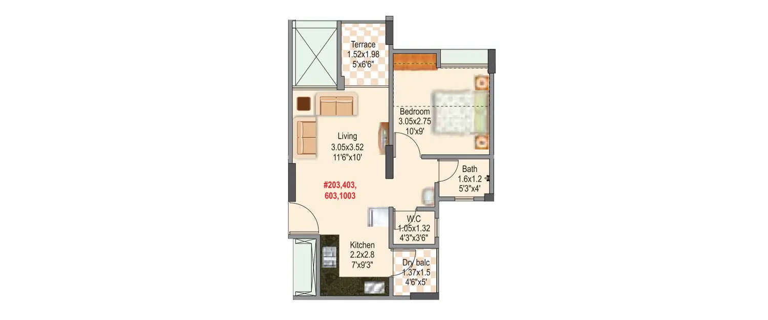 Floor plan for 1 BHK