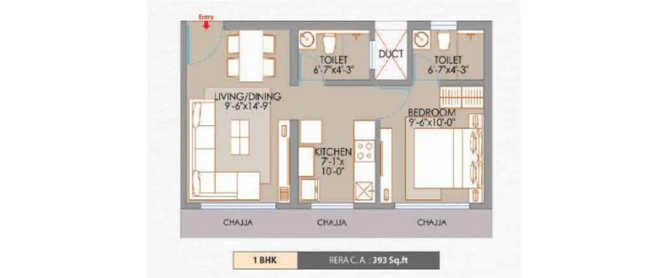 Veena Smart Homes Kandivali - Floor plan 1 BHK 393 Sq.ft