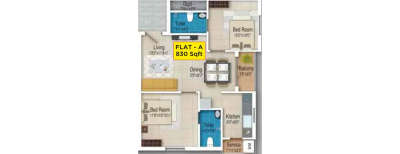 GP Flora, 2 BHK-830 Sq.ft