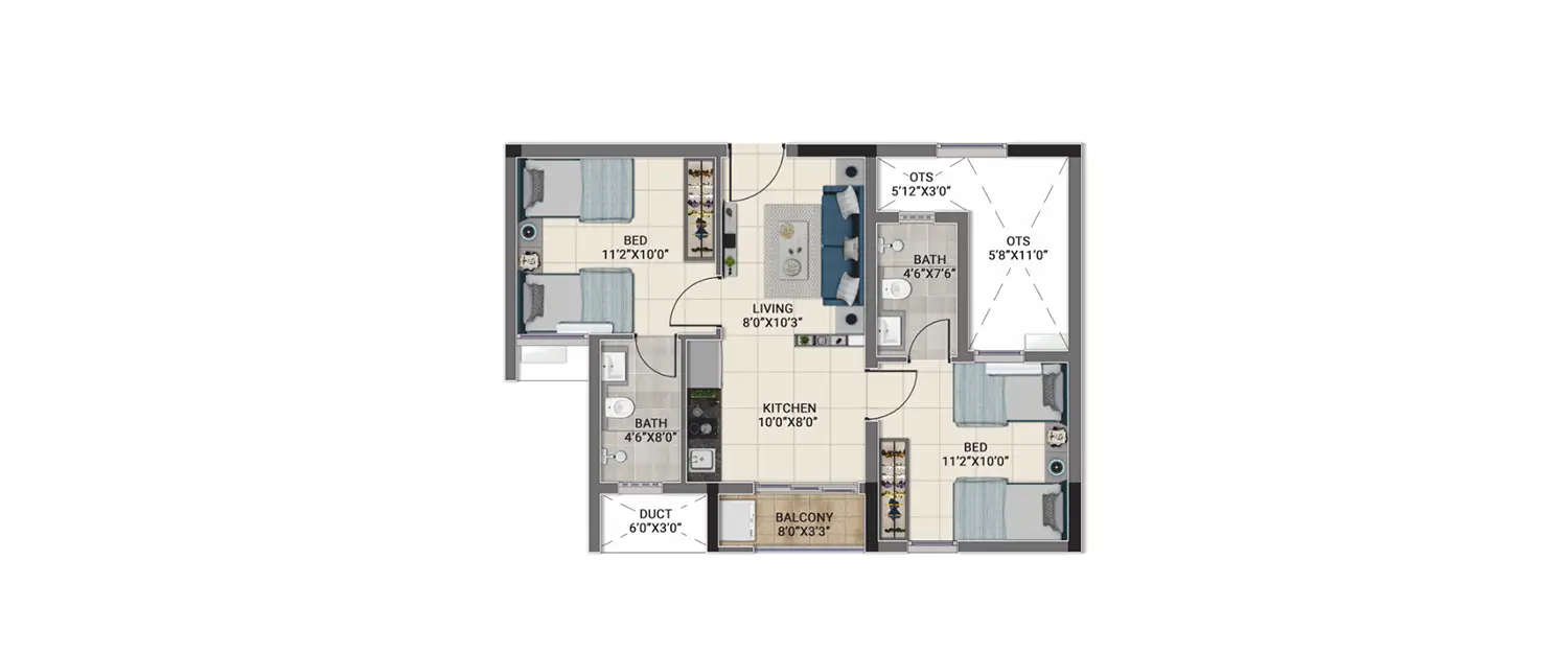 Floor plan for 2 BHK
