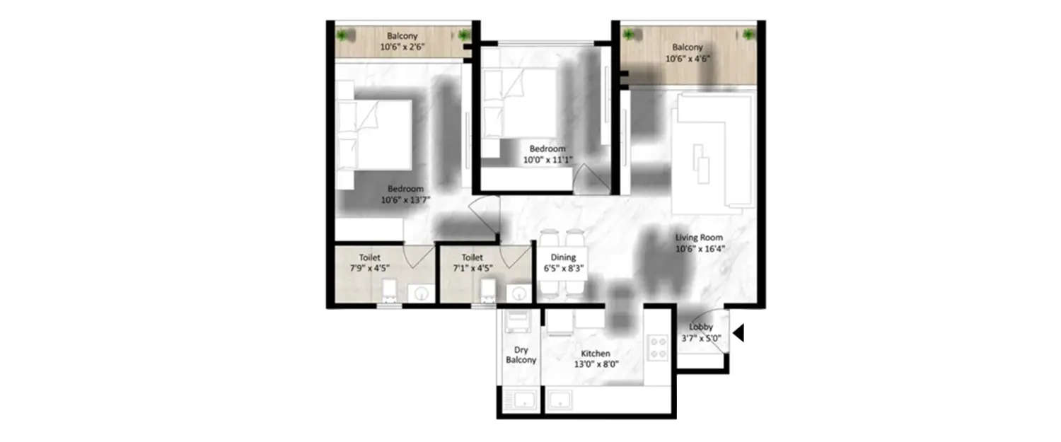 Floor plan for 2 BHK