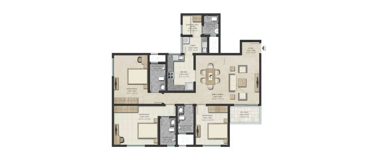 Floor plan for 3 BHK