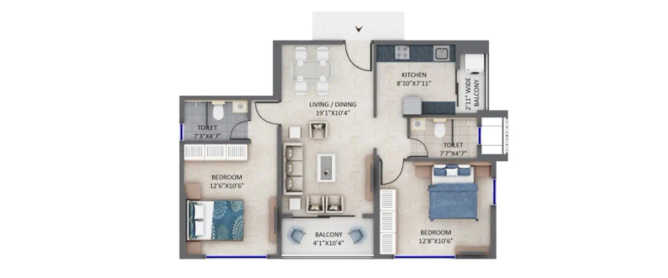 Supreme Estia Baner - Floor plan 2 BHK 730 Sq.ft