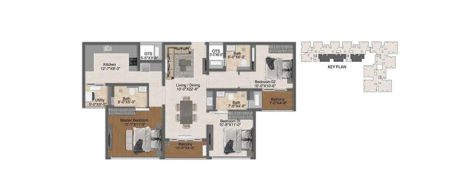 Floor plan for 3 BHK