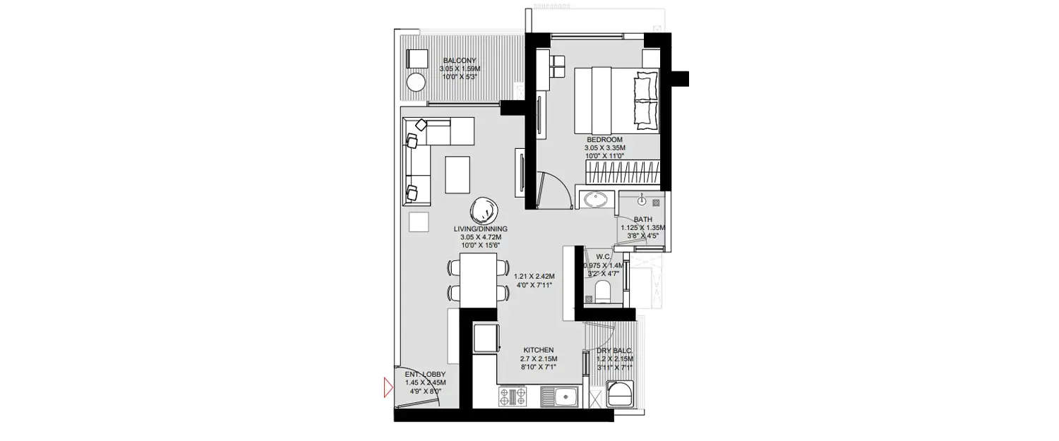 Floor plan for 1 BHK