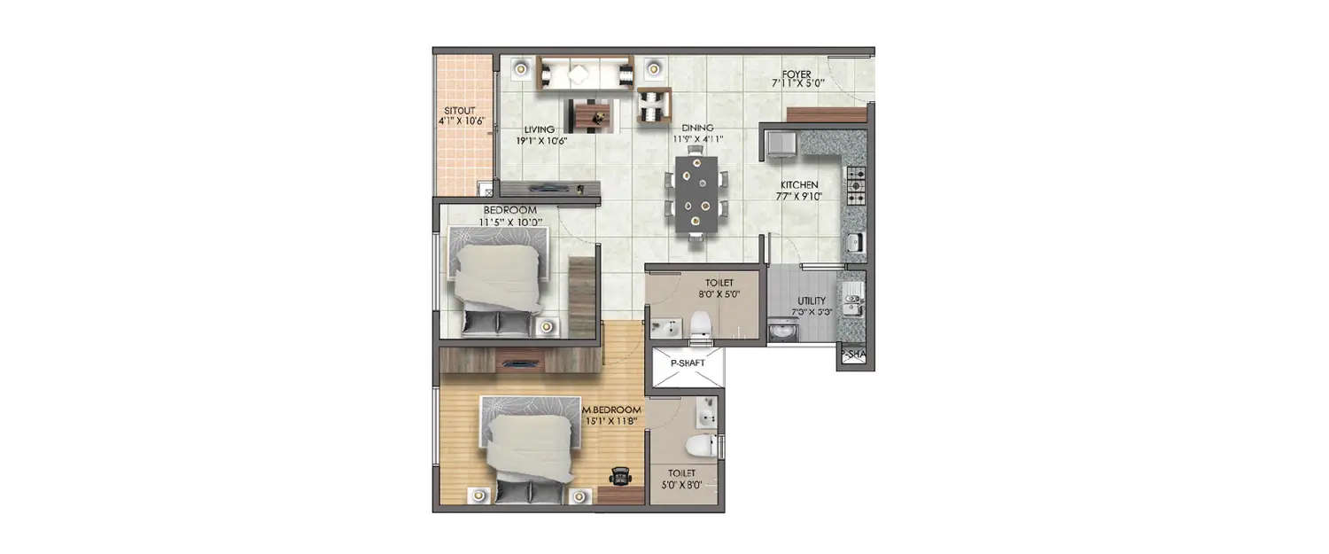 Floor plan for 2 BHK