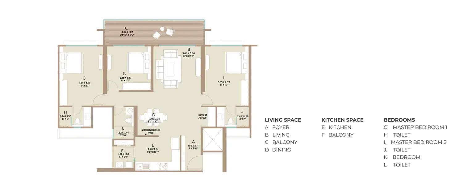 Floor plan for 3 BHK