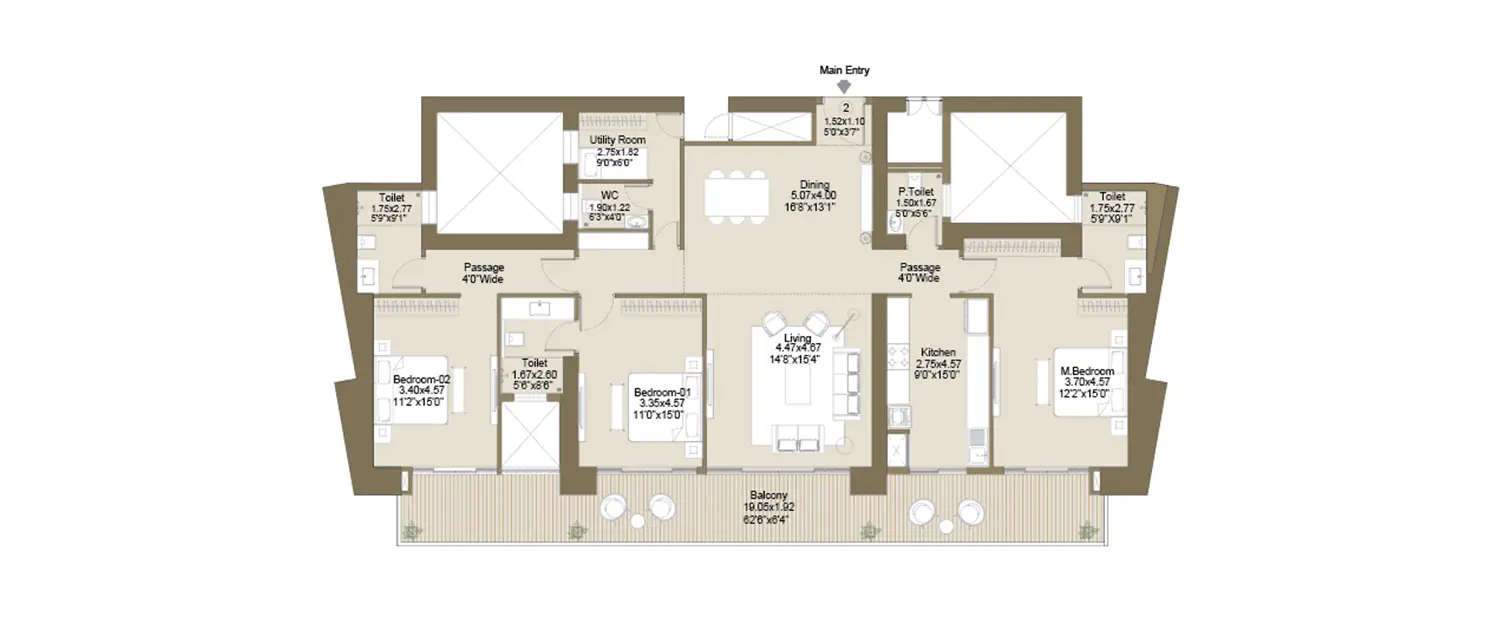Floor plan for 3 BHK