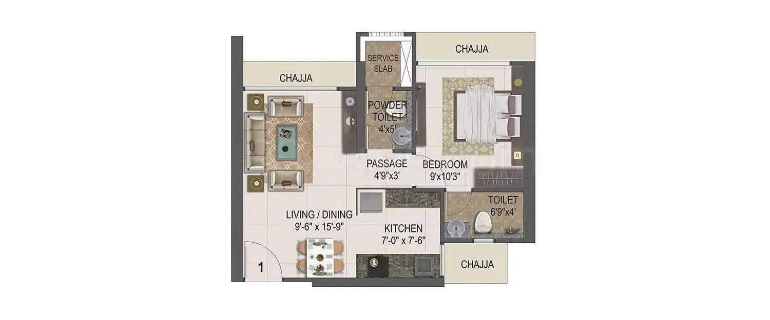 Floor plan for 1 BHK