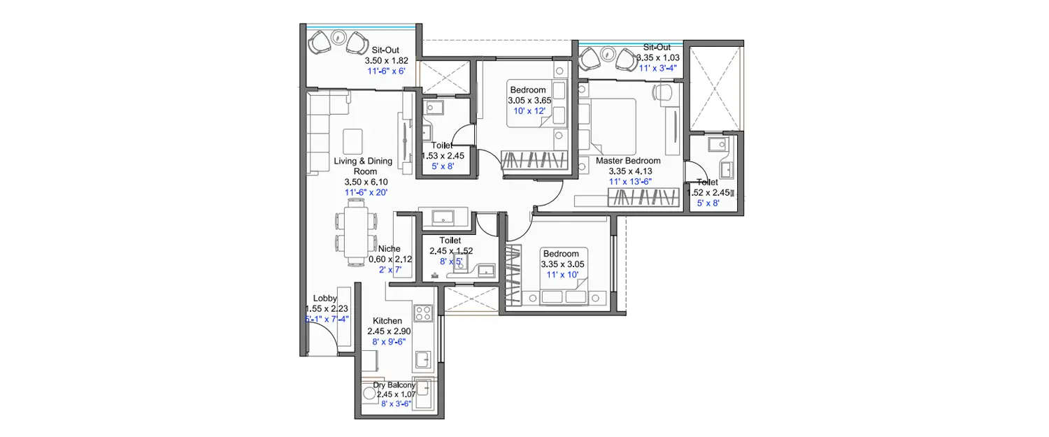 Floor plan for 3 BHK