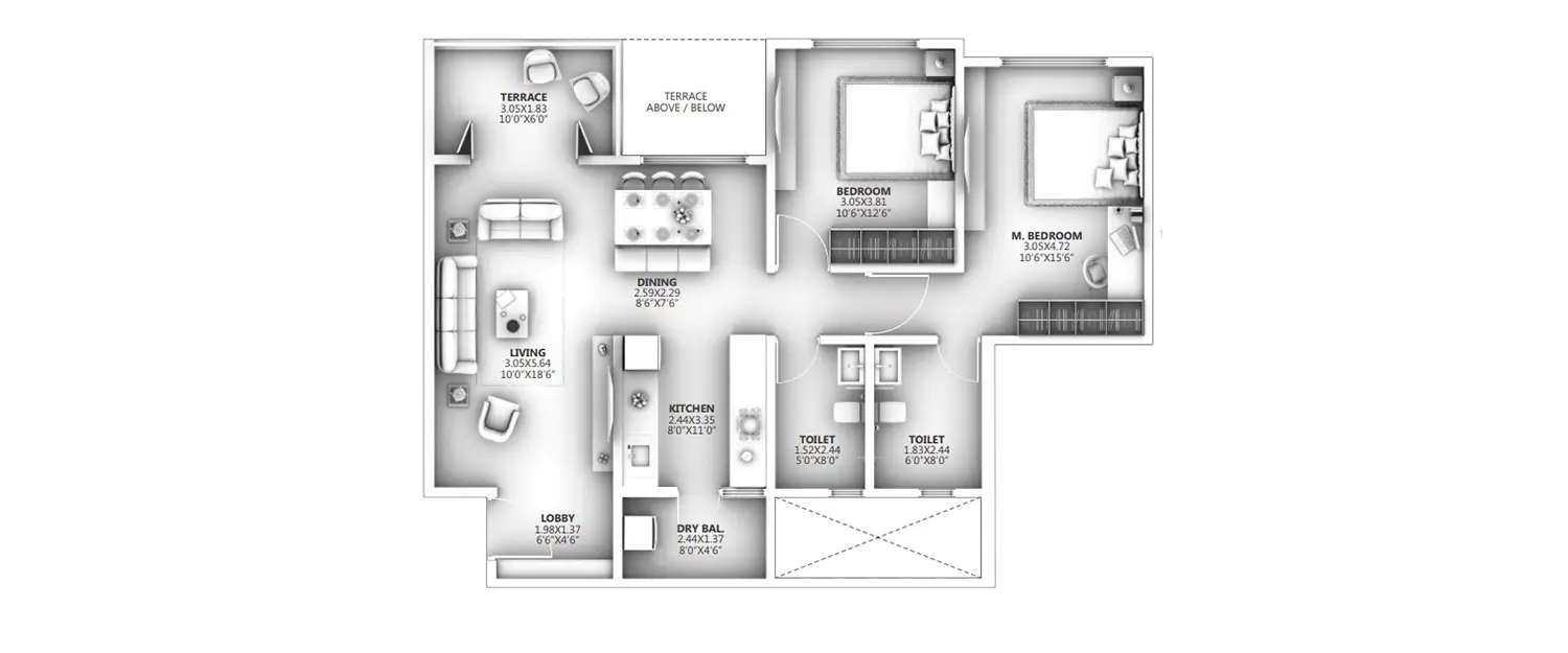 Floor plan for 2 BHK