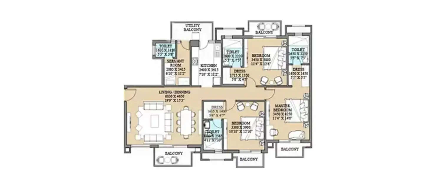 Floor plan for 3 BHK