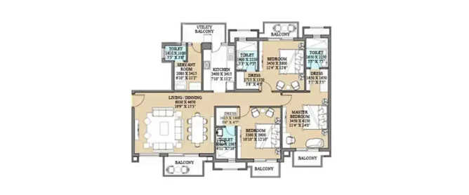ATS Destinaire Sector 1 Greater Noida W - Floor plan 3 BHK 1220 Sq.ft