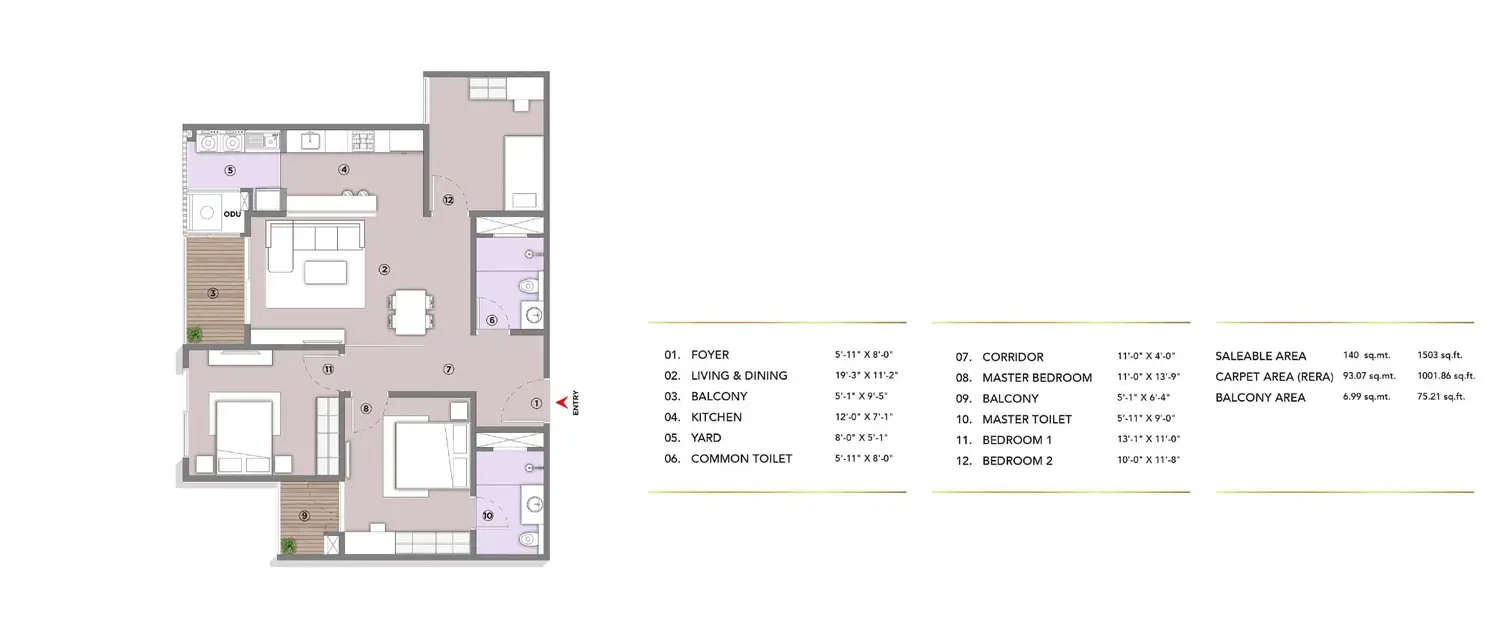 Floor plan for 3 BHK