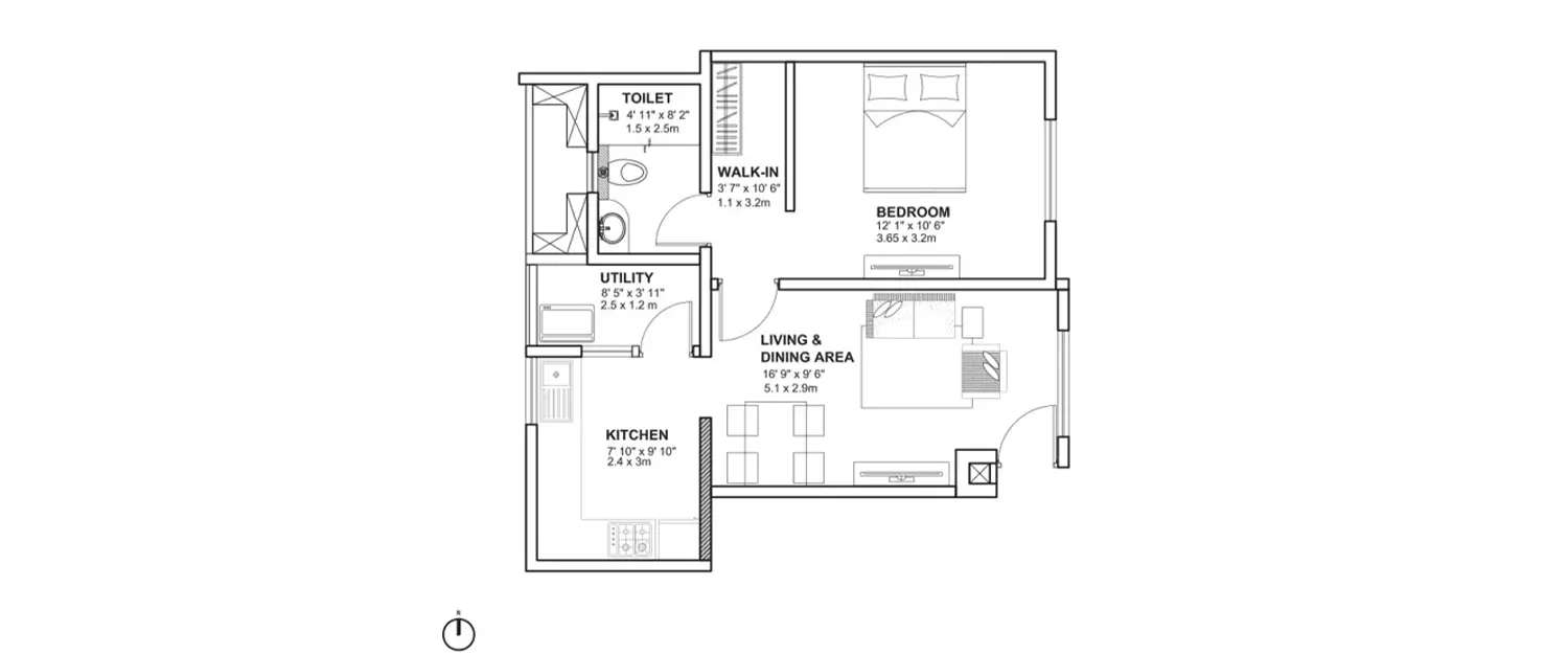 Floor plan for 1 BHK