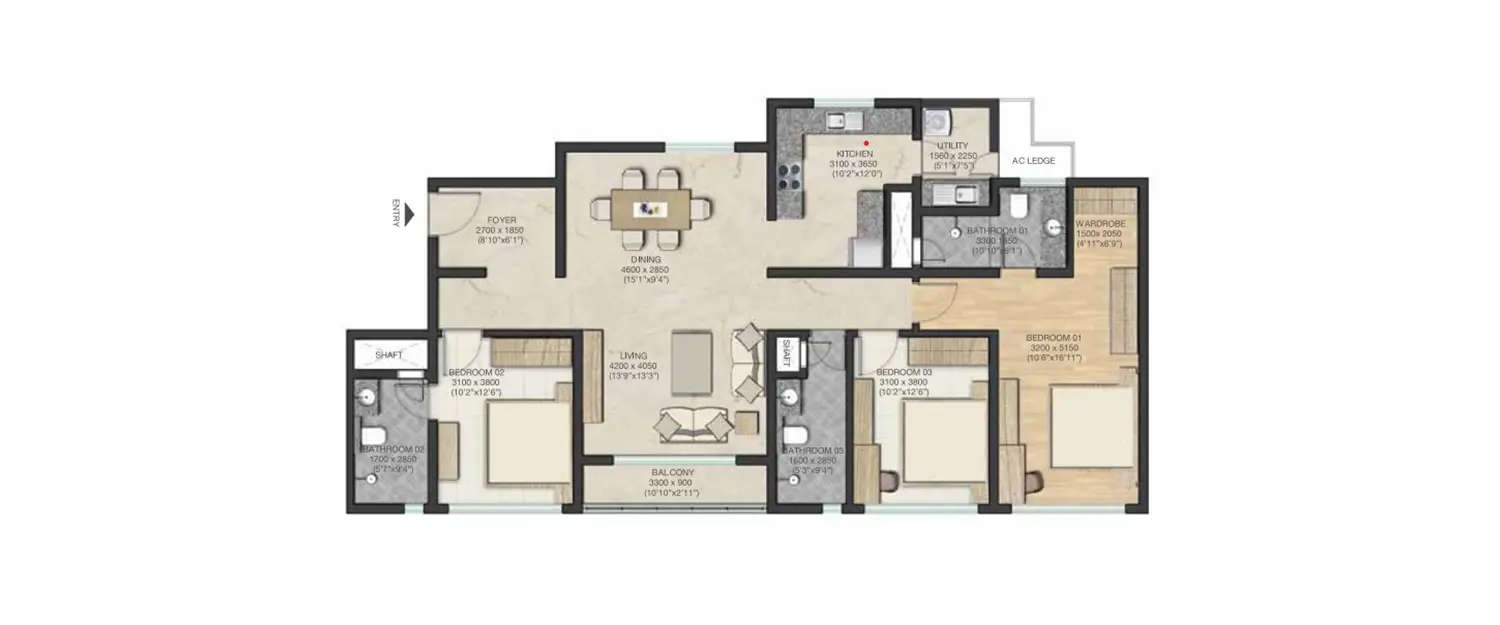 Floor plan for 3 BHK