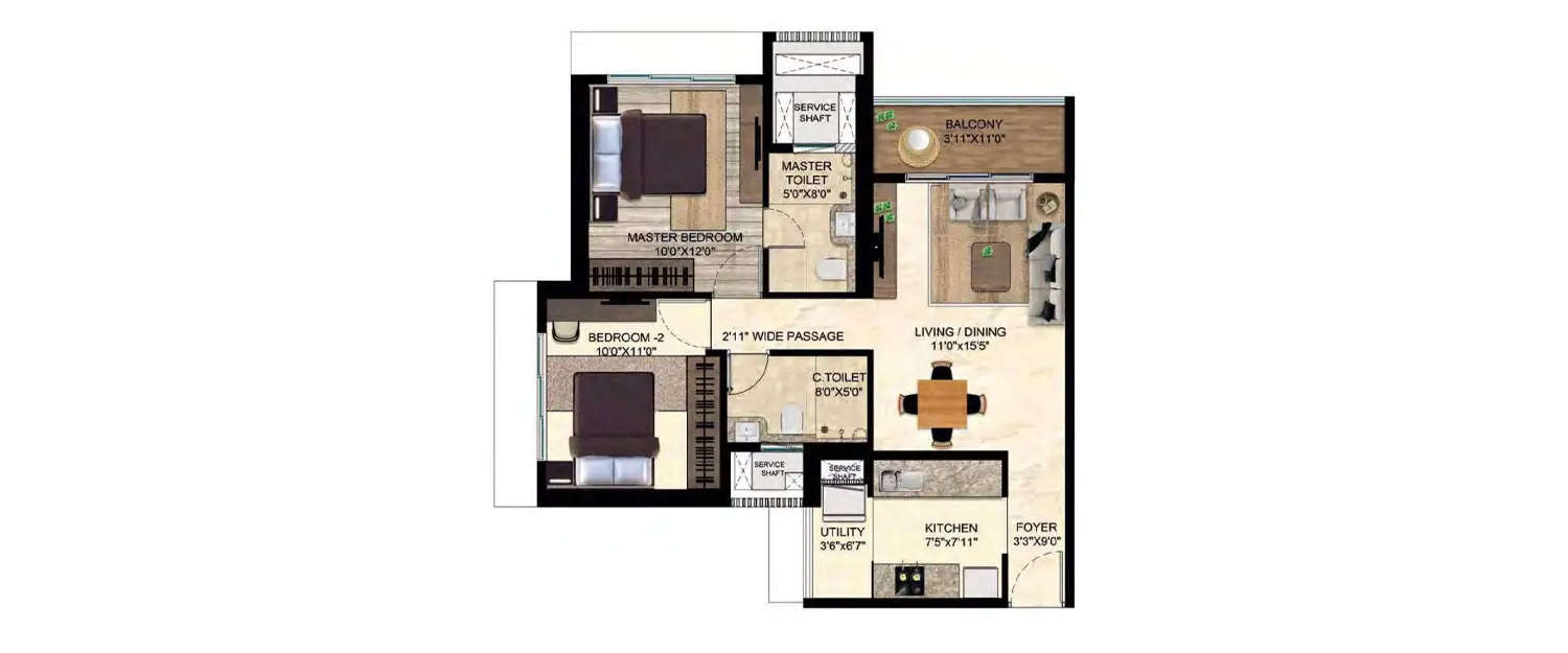 Floor plan for 2 BHK