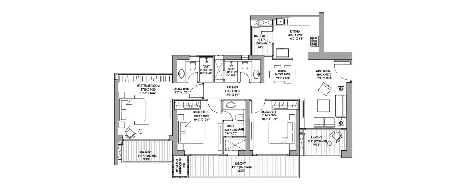 Floor plan for 3 BHK