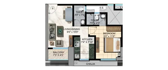 Sanghvi S3 Skyrise Mira Bhayandar - Floor plan 1 BHK 439 Sq.ft