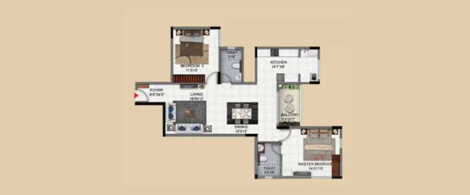 Salarpuria Sattva Exotic Dwarka Nagar - Floor plan 2 BHK 935 Sq.ft