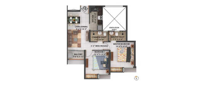 Merlin Rise Rajarhat - Floor plan 2 BHK 632 Sq.ft