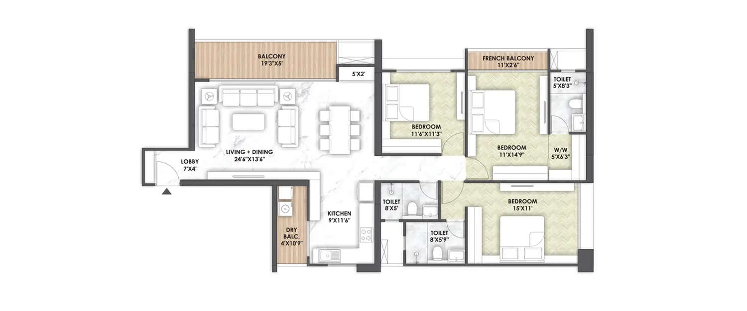 Floor plan for 3 BHK