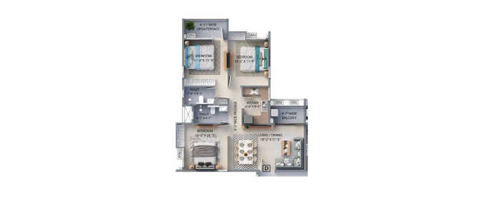 F Residences Merlin Rajarhat - Floor plan 3 BHK 961 Sq.ft