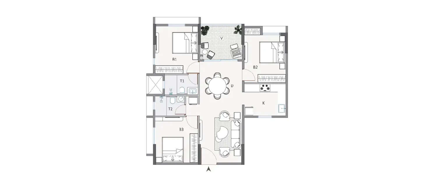 Floor plan for 3 BHK